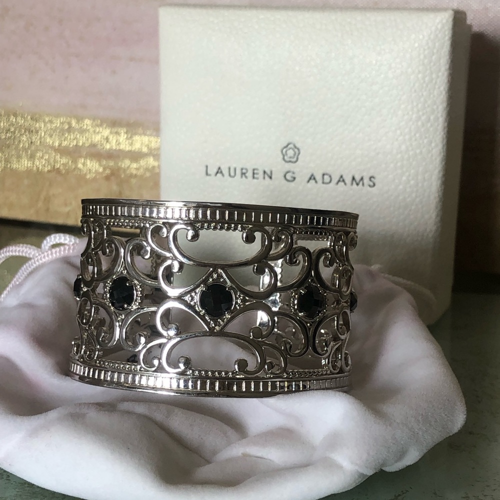 Lauren G Adams silver toned cuff bracelet with black onyx stones.